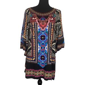 Anthropologie Flying Tomato Bell Sleeve Geometric Mini Dress Black Women's M